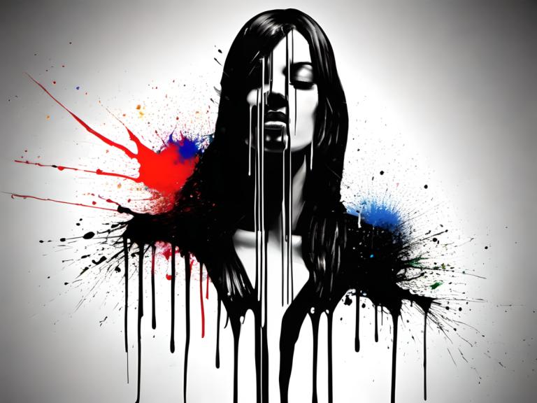 Spray Painting,Spray Painting, People, woman, solo, 1girl, long hair, paint splatter, black hair, open mouth