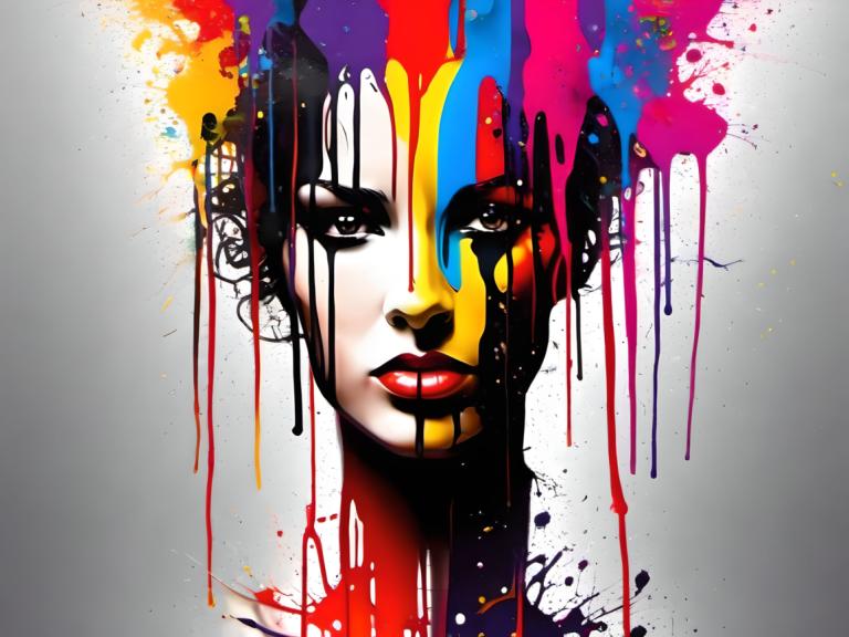 Spray Painting,Spray Painting, People, woman, 1girl, solo, paint splatter, makeup, lipstick, black eyes