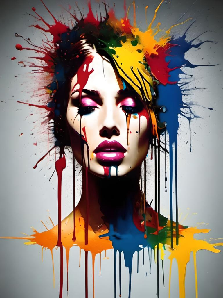 Spray Painting,Spray Painting, People, woman, 1girl, solo, paint splatter, makeup, paint, pink eyes, lipstick