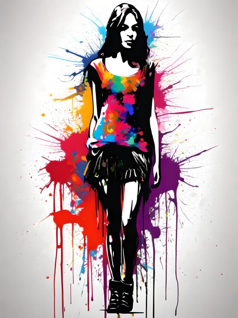 Spray Painting,Spray Painting, People, woman, 1girl, solo, paint splatter, skirt, colorful, black hair