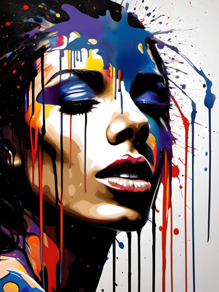 Spray Painting,Spray Painting, People, woman, solo, paint splatter, 1girl, teeth, paint, makeup, black hair