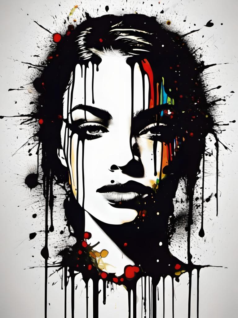 Spray Painting,Spray Painting, People, woman, solo, paint splatter, 1girl, black hair, abstract