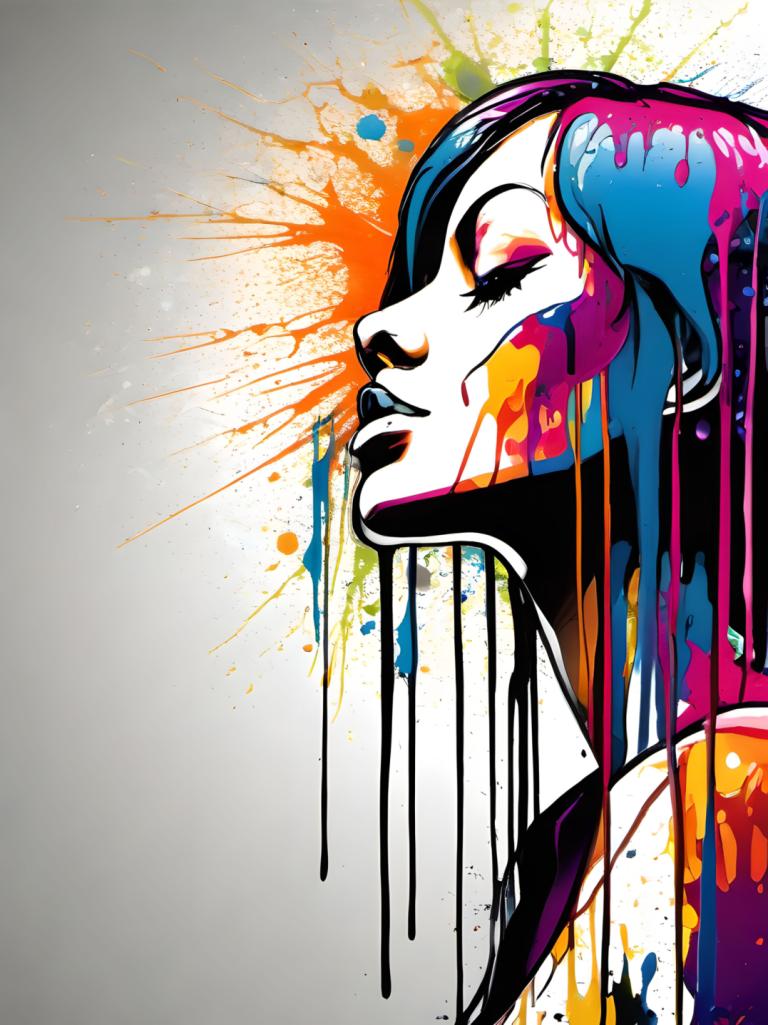 Spray Painting,Spray Painting, People, woman, solo, 1girl, paint splatter, blue hair, profile, makeup, paint