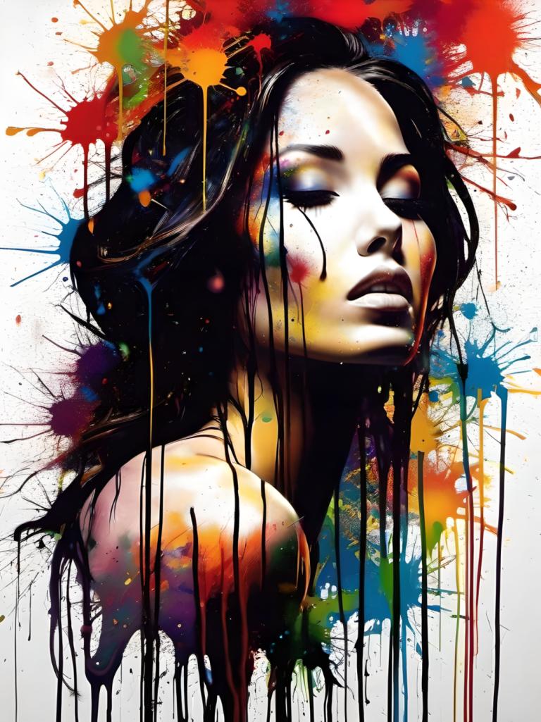 Spray Painting,Spray Painting, People, woman, solo, paint splatter, black hair, long hair, 1girl, paint