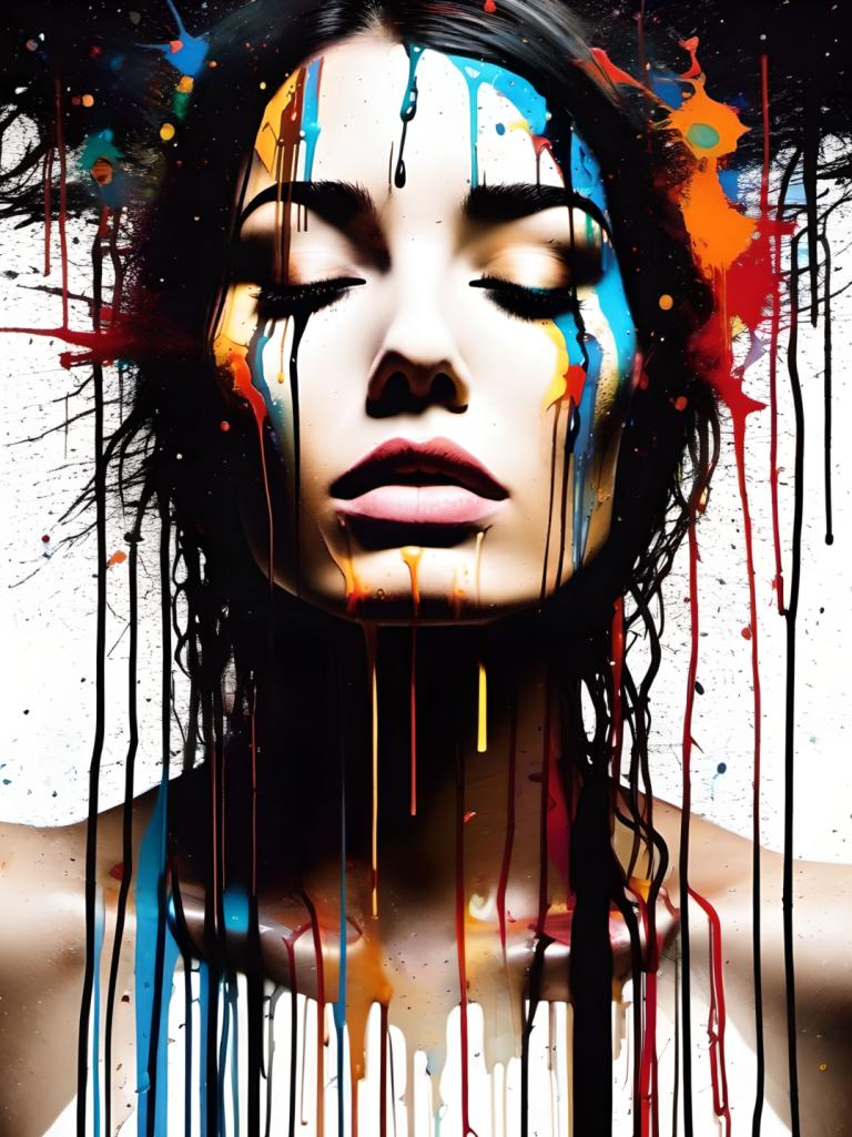 Spray Painting,Spray Painting, People, woman, 1girl, solo, closed eyes, paint splatter, black hair, paint