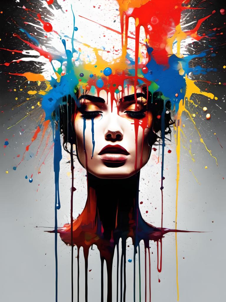 Spray Painting,Spray Painting, People, woman, solo, paint splatter, abstract, looking at viewer, black hair