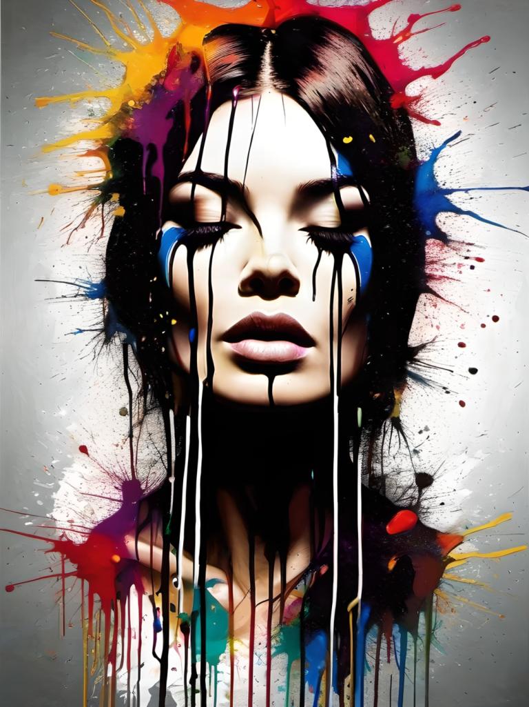 Spray Painting,Spray Painting, People, woman, 1girl, solo, paint splatter, black hair, closed eyes, paint