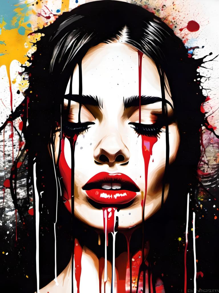 Spray Painting,Spray Painting, People, woman, 1girl, solo, black hair, blood, red lips, makeup, closed eyes