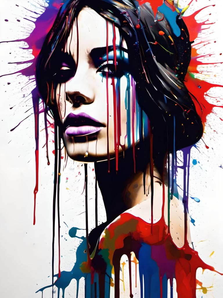 Spray Painting,Spray Painting, People, woman, solo, black hair, paint splatter, 1girl, purple lips, makeup