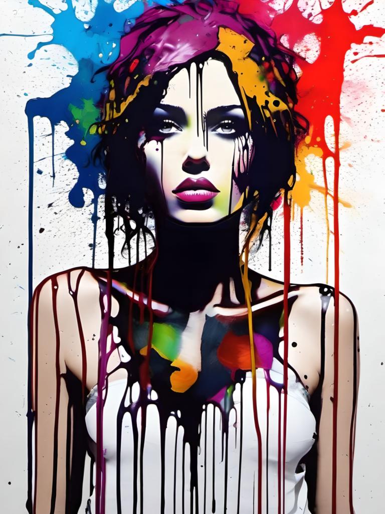 Spray Painting,Spray Painting, People, woman, 1girl, solo, paint splatter, makeup, short hair, colorful