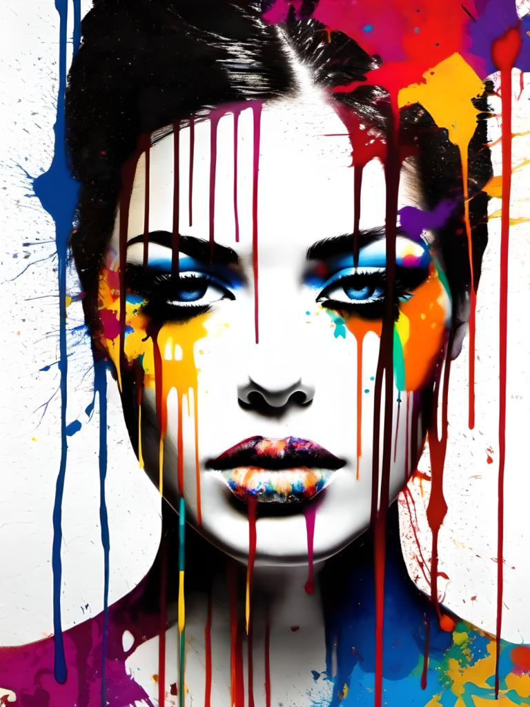 Spray Painting,Spray Painting, People, woman, 1girl, solo, paint splatter, blue eyes, black hair, makeup