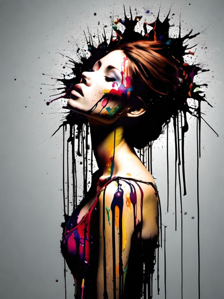 Spray Painting,Spray Painting, People, woman, 1girl, solo, paint splatter, brown hair, paint, short hair