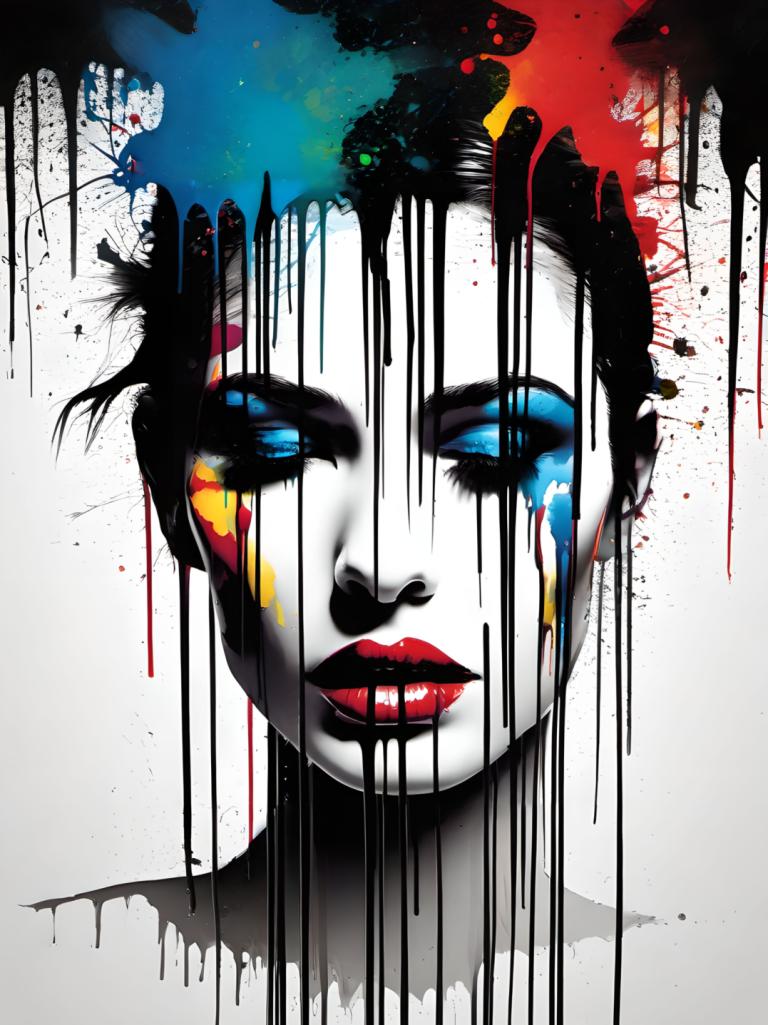 Spray Painting,Spray Painting, People, woman, blue eyes, solo, paint splatter, eye focus, makeup, 1girl