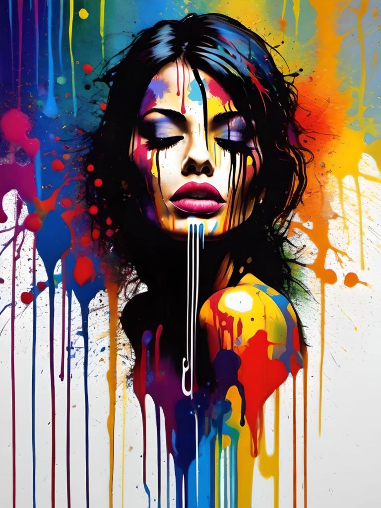 Spray Painting,Spray Painting, People, woman, 1girl, solo, paint splatter, black hair, abstract, paint, lips