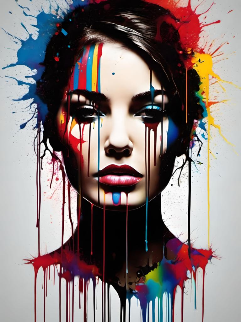 Spray Painting,Spray Painting, People, woman, solo, 1girl, paint splatter, black hair, looking at viewer