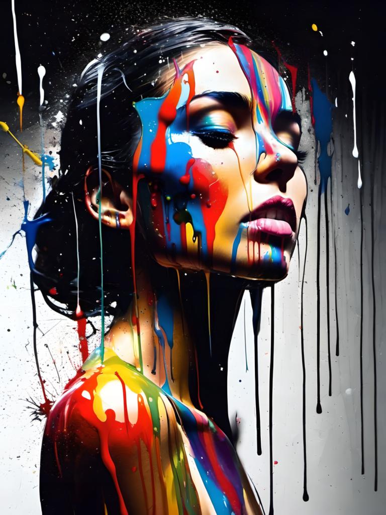 Spray Painting,Spray Painting, People, woman, 1girl, solo, paint splatter, black hair, paint, upper body