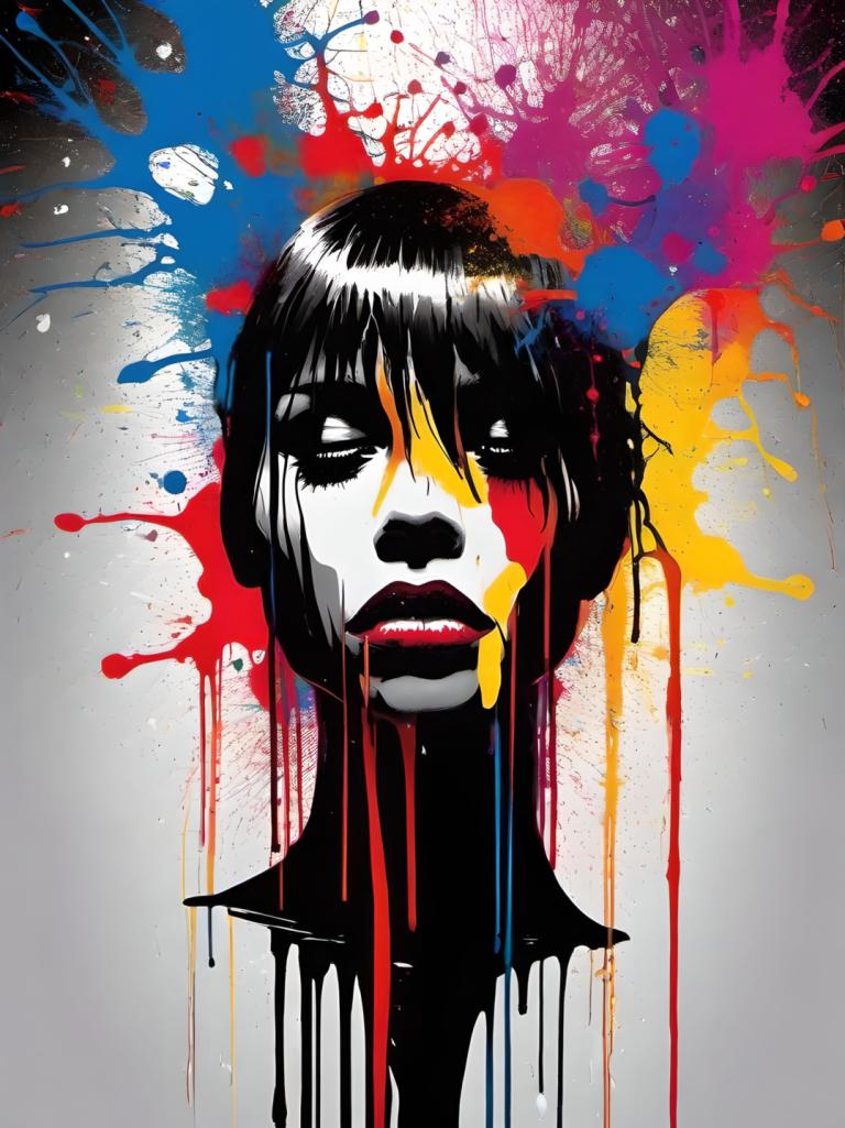 Spray Painting,Spray Painting, People, woman, solo, paint splatter, black hair, 1girl, looking at viewer