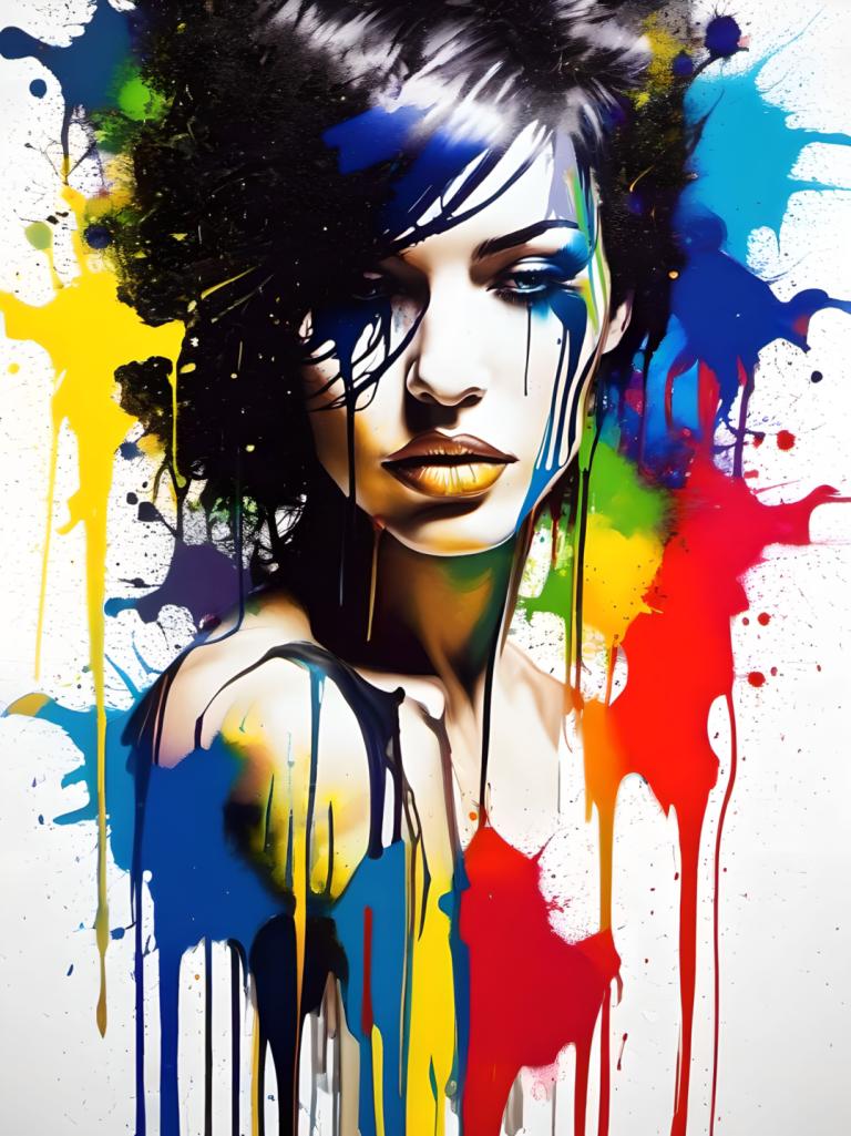 Spray Painting,Spray Painting, People, woman, solo, paint splatter, black hair, 1girl, looking at viewer