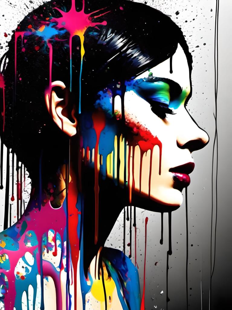 Spray Painting,Spray Painting, People, woman, solo, paint splatter, 1girl, black hair, profile, paint