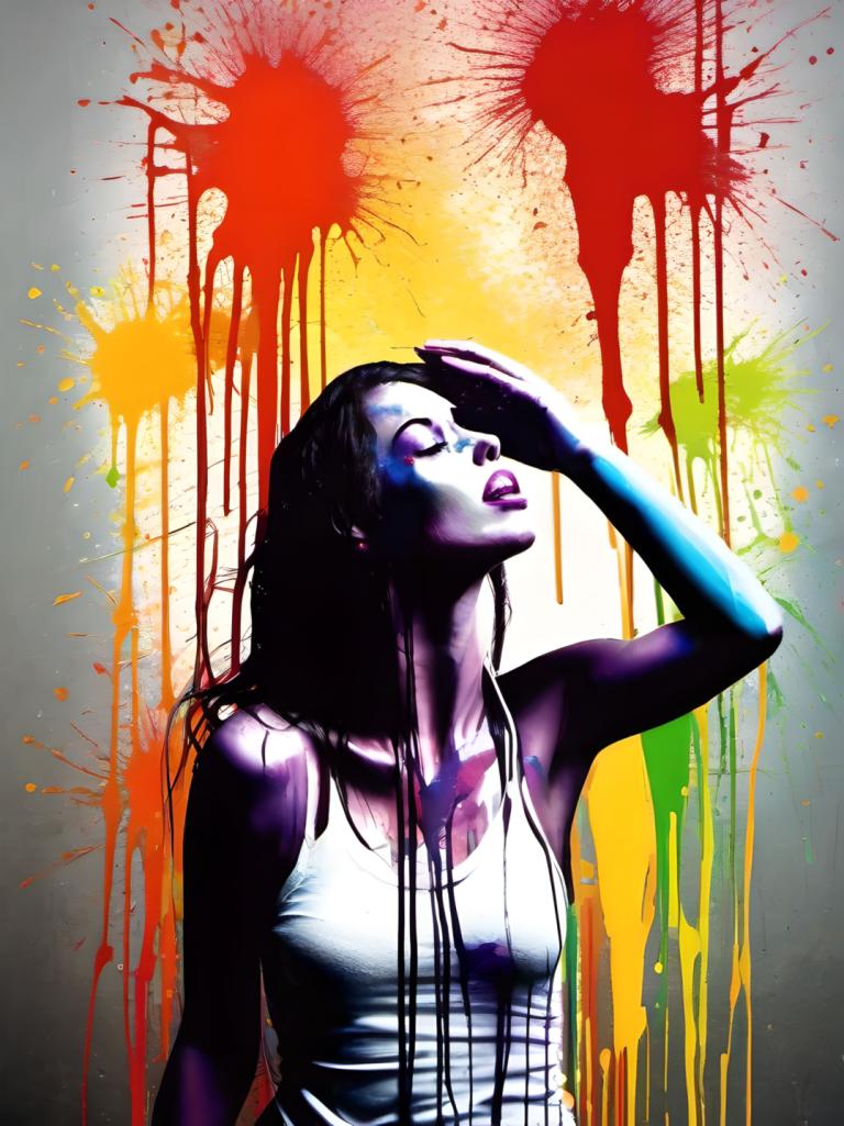 Spray Painting,Spray Painting, People, woman, 1girl, solo, long hair, looking up, black hair, colored skin