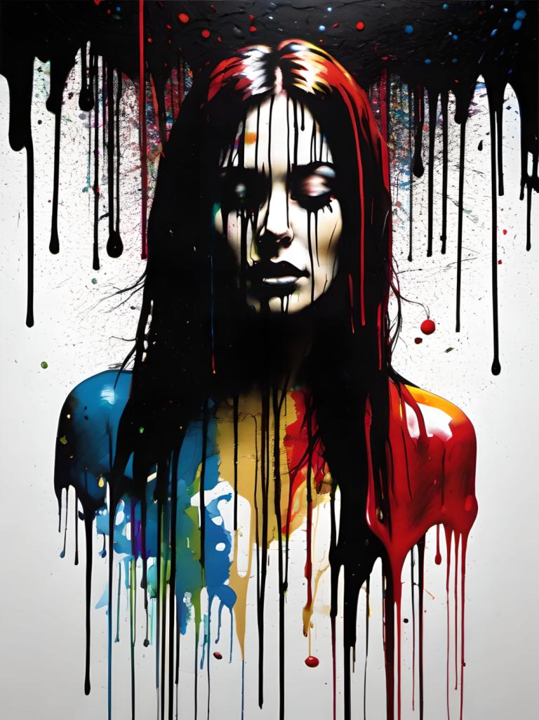 Spray Painting,Spray Painting, People, woman, solo, 1girl, black hair, long hair, paint splatter