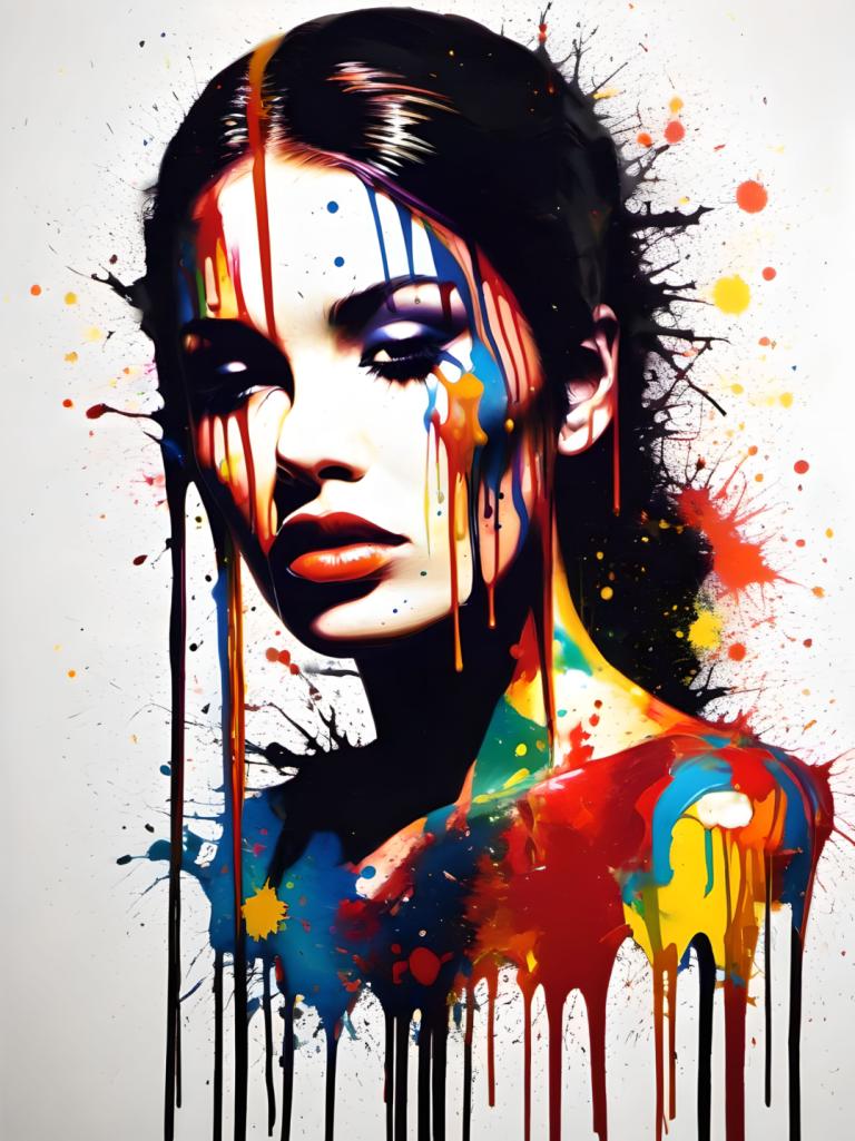 Spray Painting,Spray Painting, People, woman, solo, paint splatter, 1girl, black hair, paint, portrait, lips