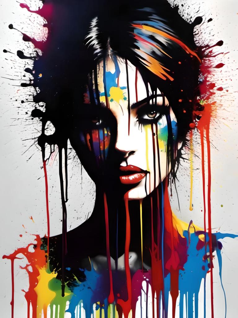 Spray Painting,Spray Painting, People, woman, 1girl, solo, paint splatter, black hair, looking at viewer