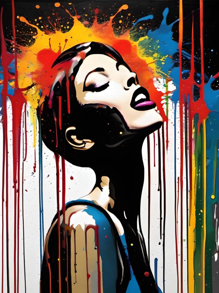 Spray Painting,Spray Painting, People, woman, 1girl, solo, paint splatter, black hair, makeup, lipstick