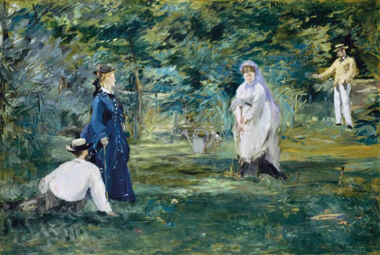 A Game of Croquet,一場槌球遊戲,Edouard Manet,油畫,油畫, 多個男孩, 美術模仿, 帽子, 自然, 金髮, 樹, 戶外, 傳統媒體, 假傳統媒體, 森林, 戲仿, 草, 3個男孩, 鬍子