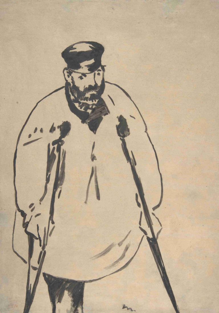 A Man on Crutches,Edouard Manet,Sketch,Sketch, 1boy, solo, male focus, facial hair, monochrome, beard, hat