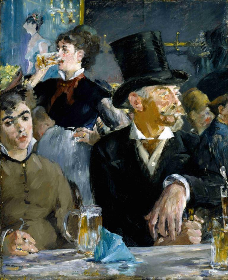 At The Café,Edouard Manet,Oil Painting,Oil Painting, multiple boys, cup, hat, black hair, alcohol, drinking