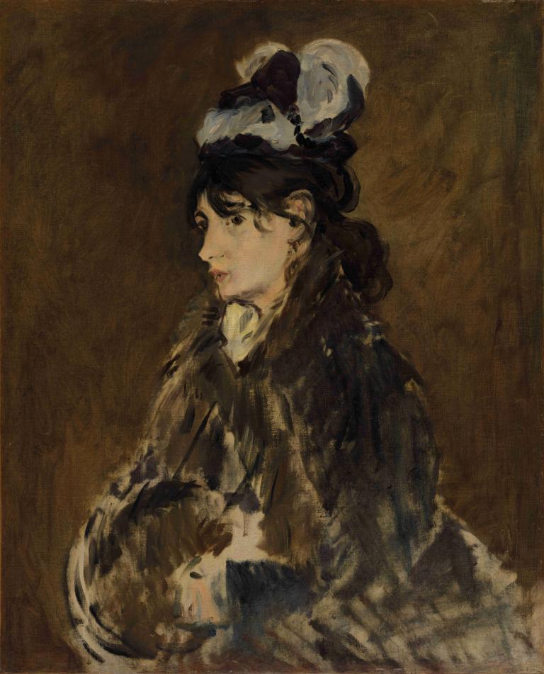 Berthe Morisot,Edouard Manet,Oil Painting,Oil Painting, 1girl, brown background, solo, brown hair