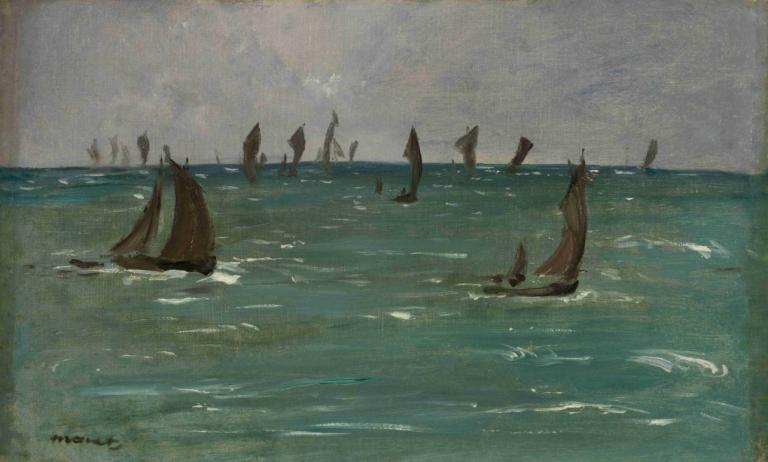 Boats at Berck-sur-Mer,Edouard Manet,Oil Painting,Oil Painting, watercraft, ocean, outdoors, boat, scenery