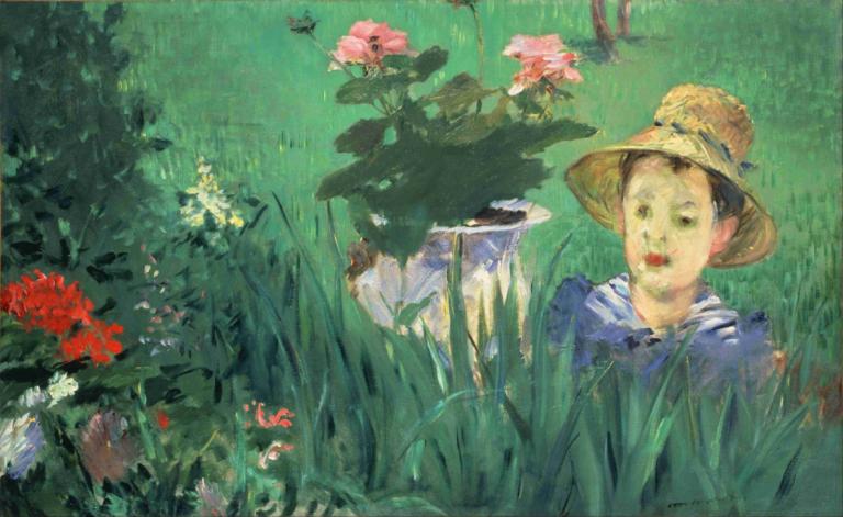 Boy In Flowers [Jacques Hoschedé],Edouard Manet,Oil Painting,Oil Painting, hat, flower, solo, 1boy