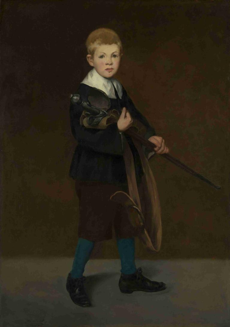 Boy with a Sword,Edouard Manet,Oil Painting,Oil Painting, solo, blonde hair, weapon, holding, 1boy