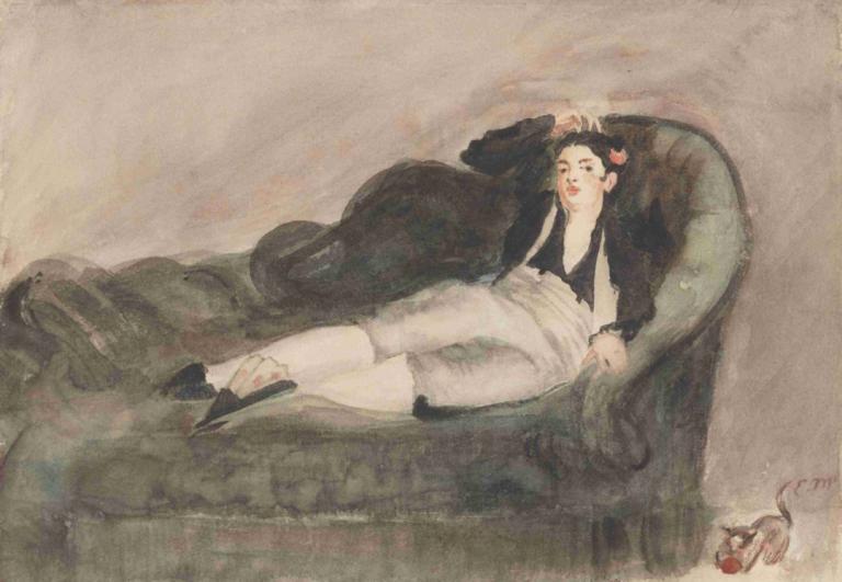 Copy of Reclining Young Woman in Spanish Costume,西班牙服饰卧姿少女》复制品,Edouard Manet,爱德华-马奈,油画,油画, 1个女孩, 独奏, 黑发, 发饰