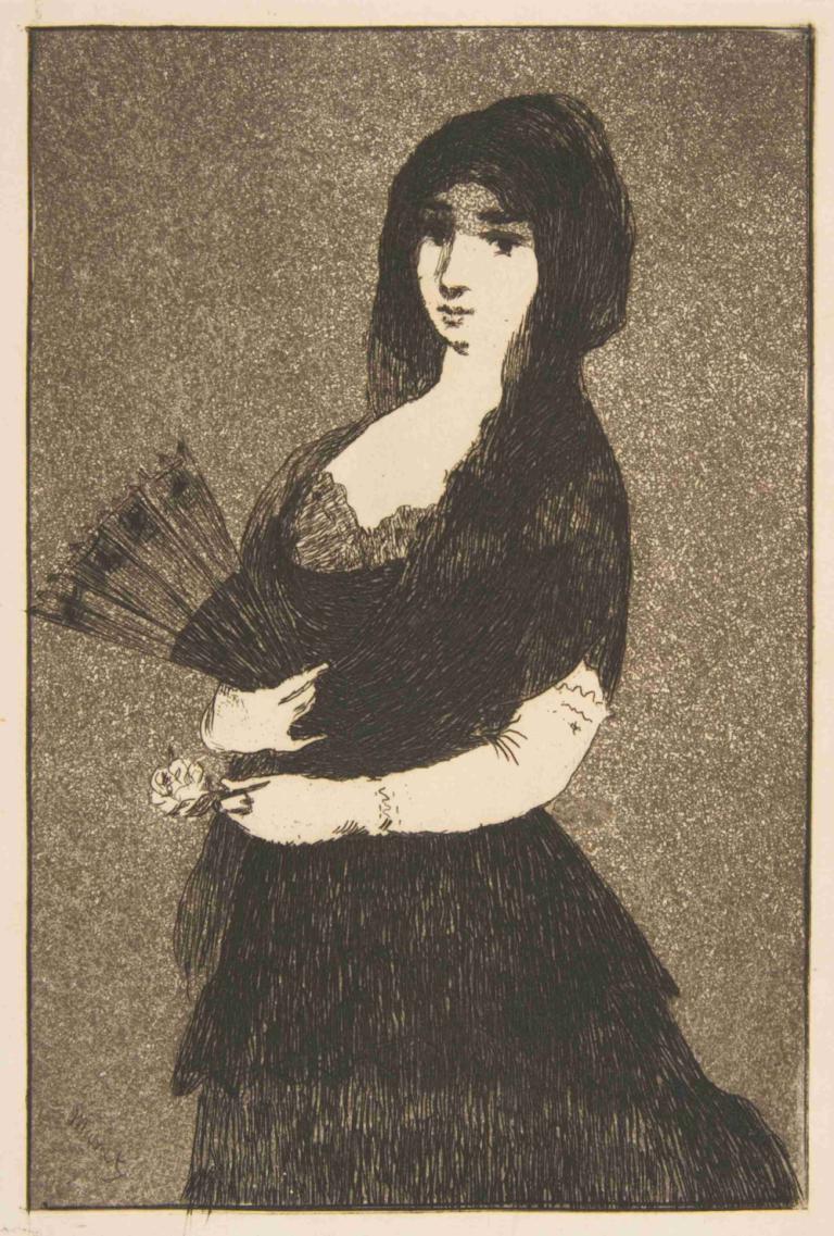 Exotic Flower,Edouard Manet,Copperplate Etching,Copperplate Etching, 1girl, solo, monochrome, dress, hand fan