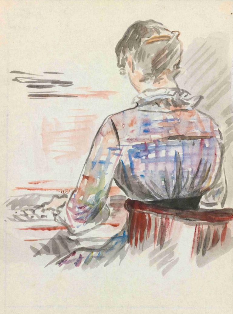 Femme Au Piano,Edouard Manet,Color Sketch,Color Sketch, 1girl, solo, from behind, traditional media