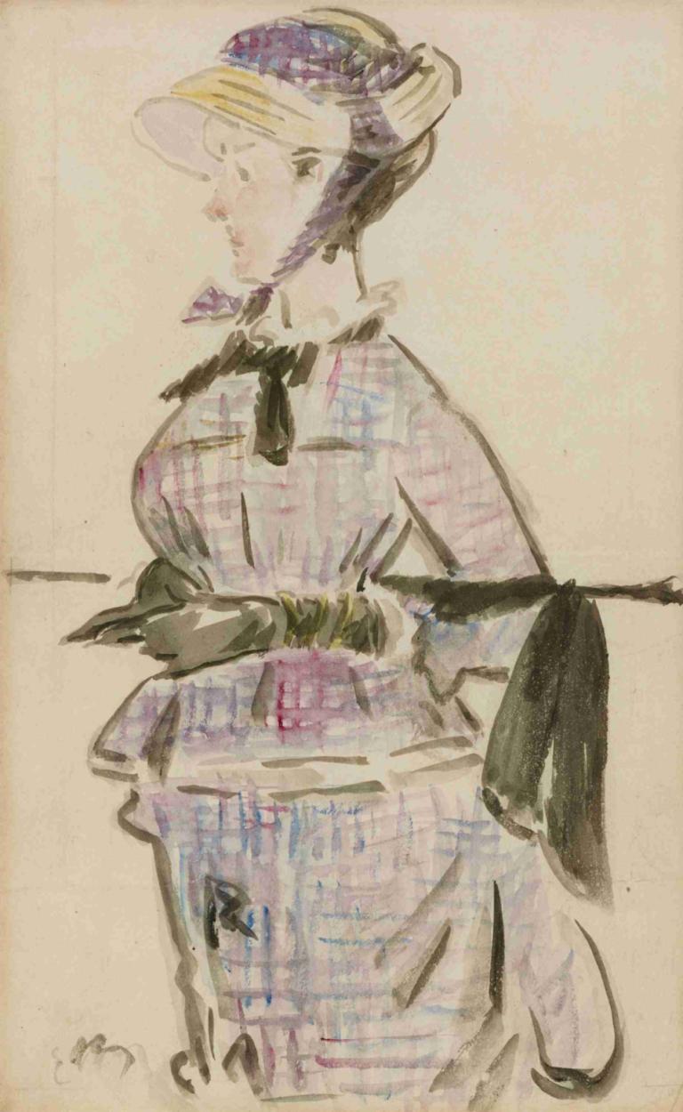 Femme en Costume de Voyage,Edouard Manet,Color Sketch,Color Sketch, 1girl, solo, gloves, hat, black gloves