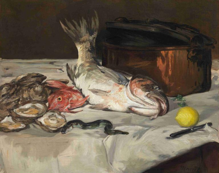 Fish (Still Life),Edouard Manet,Oil Painting,Oil Painting, fish, no humans, egg, food, animal focus