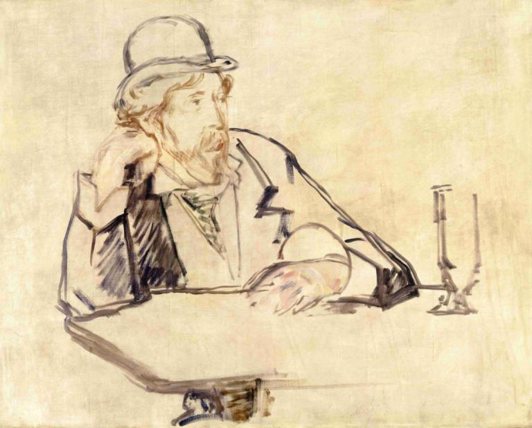 George Moore (1852–1933) at the Café,Edouard Manet,Color Sketch,Color Sketch, 1boy, male focus, solo, hat