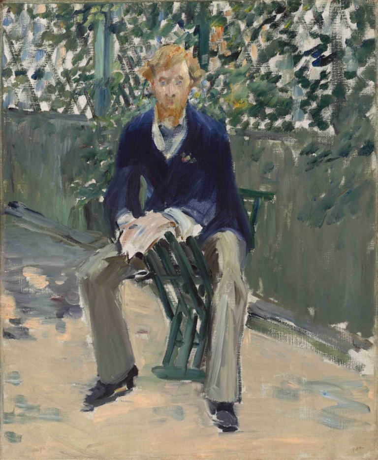 George Moore in the Artist's Garden,喬治·摩爾在藝術家的花園,Edouard Manet,油畫,油畫, 1男孩, 獨奏, 男性焦點, 坐著, 黑色鞋類, 鬍子, 褲子, 金髮, 鬍鬚