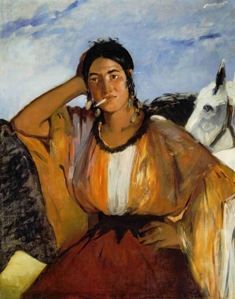 Gypsy with a Cigarette,抽烟的吉普赛人,Edouard Manet,爱德华-马奈,油画,油画, 1个女孩, 马, 黑发, 暗黑皮肤, 天空, 独奏, 珠宝, 传统媒体, 手放在臀部