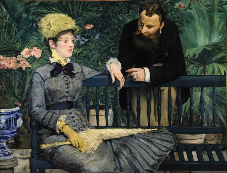 In the Conservatory,音乐厅,Edouard Manet,爱德华-马奈,油画,油画, 1男孩, 男性焦点, 独奏, 胡子, 实际的, 胡须, 胡子, 棕色背景, 秃, 上半身