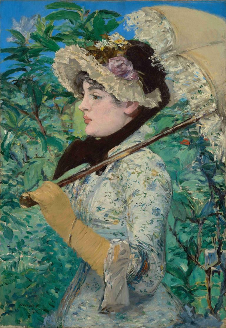 Jeanne (Spring),珍妮（春季）,Edouard Manet,爱德华-马奈,油画,油画, 1个女孩, 独奏, 手套, 帽子, 花, 伞, 轮廓, 保持, 黑发, 植物, 户外, 裙子, 撑伞, 叶子