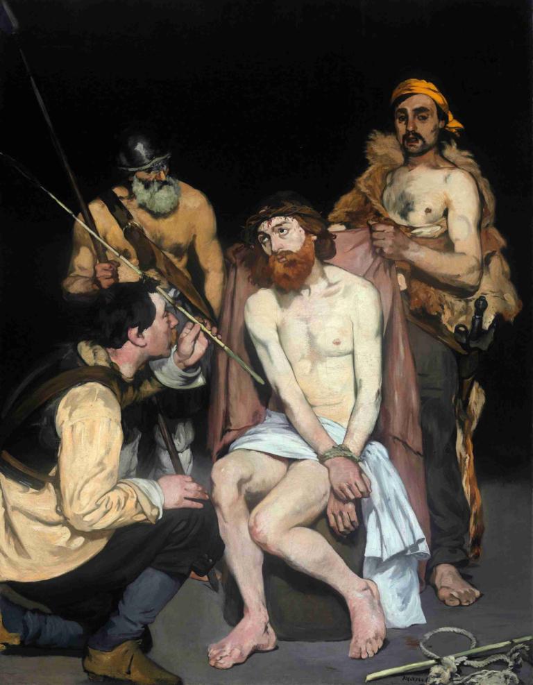 Jesus Mocked by the Soldiers,被士兵嘲笑的耶稣,Edouard Manet,爱德华-马奈,油画,油画, 美术模仿, 胡须, 胡子, 多个男孩, 男性焦点, 4个男孩, 武器, 赤脚, 戏仿