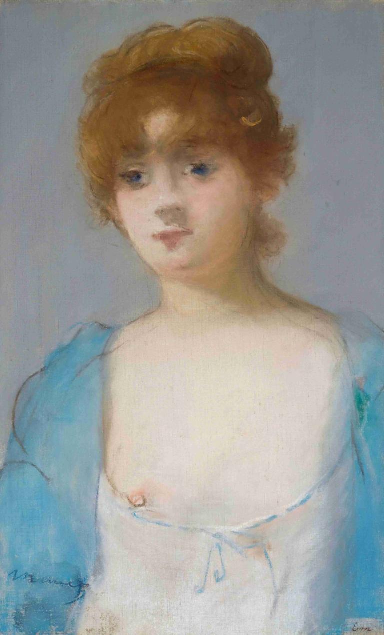 Jeune Fille En Déshabillé,年轻的着装女孩,Edouard Manet,爱德华-马奈,油画,油画, 独奏, 乳头, 1个女孩, 蓝眼睛, 金头发, 上半身, 乳头穿孔, 传统媒体, 平胸