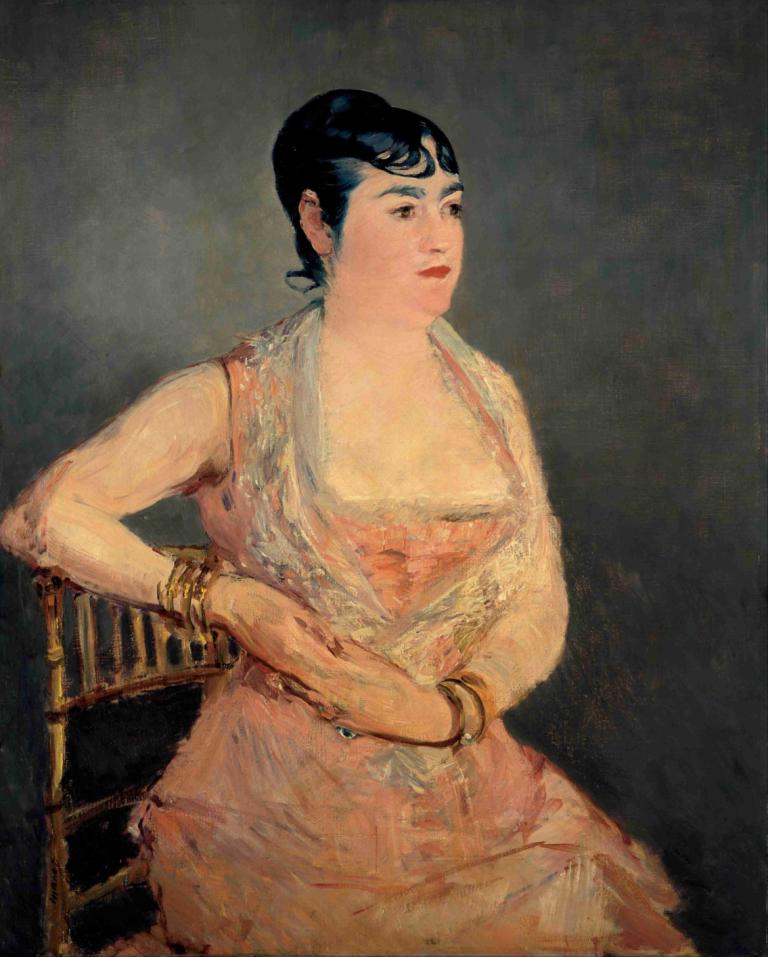 Lady In Pink,Edouard Manet,Olieverf,Olieverf, 1meisje, solo, zwart haar, juwelen, armband, jurk, stoel