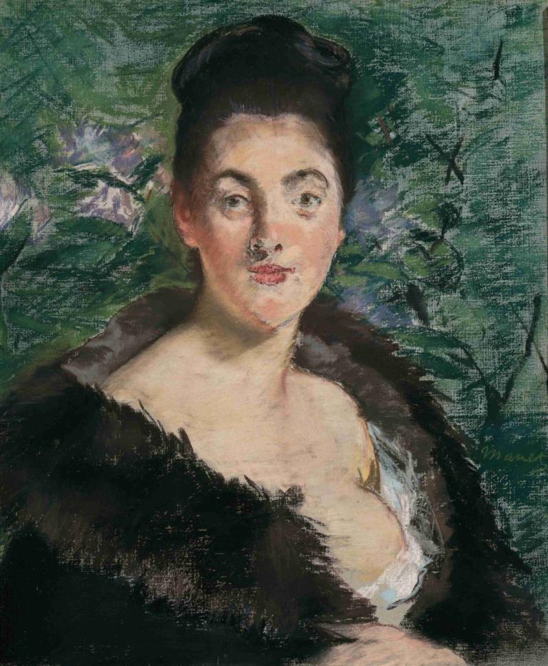 Lady in fur,Dame in bont,Edouard Manet,Olieverf,Olieverf, 1meisje, solo, zwart haar, kijken naar kijker