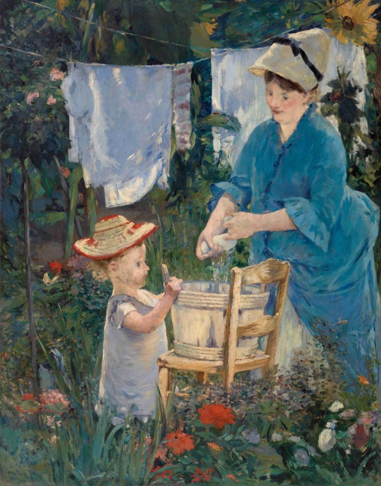 Laundry,Wasserij,Edouard Manet,Olieverf,Olieverf, hoed, bloem, stoel, kind, jurk, buitenshuis, 1 jongen